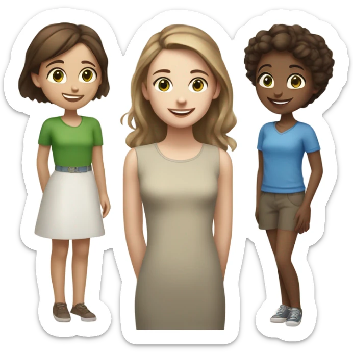 Three girls friends white skin, one of them with light brown hair and green eyes, another with dark brown hair and brown eyes and another with light brown hair and blue eyes, talking and laughing  sticker