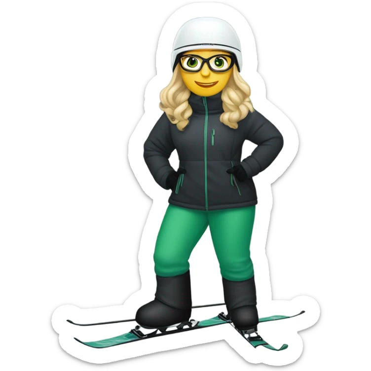 Green-eyed, fat female skier with long straight blonde hair, glasses, white ski helmet, grey snow jacket, long black pants, black only snow boots standing tall. sticker