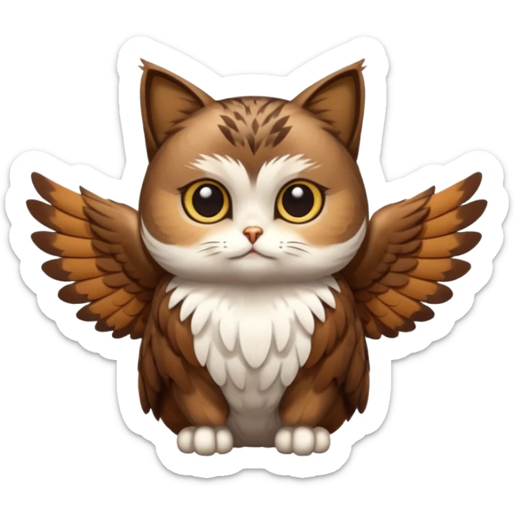 crea un gato con alas de búho con pelaje color cafe y blanco y que este con las alas cerradas y sin ningun objeto en las alas sticker