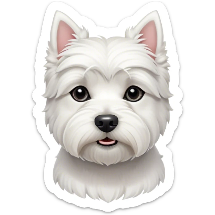 Cinematic Noble West Highland White Terrier Portrait Emoji, Poised and regal, with a compact, sturdy build and a pristine, well-groomed pure white coat, deep-set soulful dark eyes, Simplified yet sharp and sophisticated features, highly detailed, glowing with a soft, dignified glow, high shine, intelligent and loyal, stylized with an air of confidence, focused and attentive, soft glowing outline, capturing the essence of a watchful and determined companion, so majestic it feels as though it could trot out of the screen with effortless authority! sticker