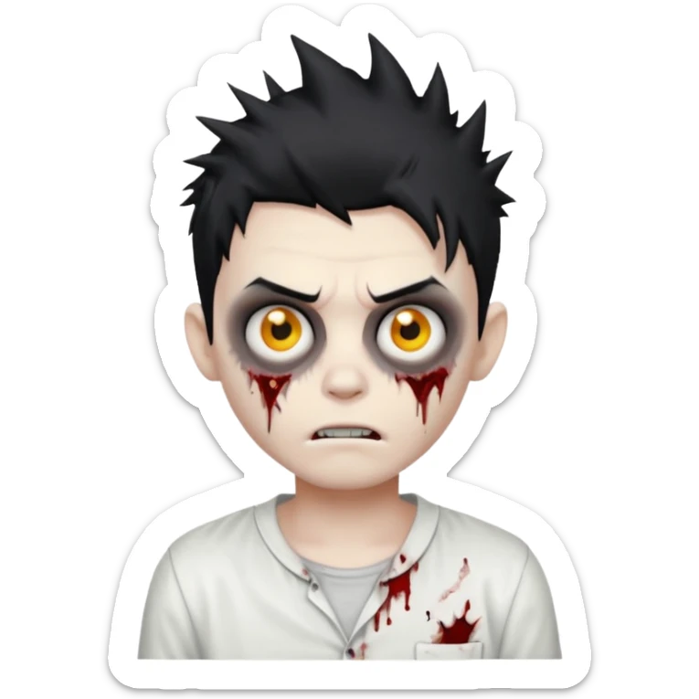 zombie boy with messy spiky black hair, white shirt, cartoonish emoji style sticker