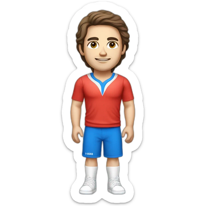 retro 70s blue and red gym clothes for a modern white brunette uni male student with glass sticker