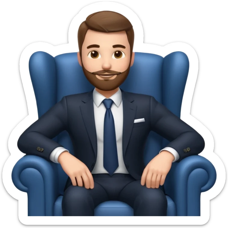 businessman sitting in an armchair, confident relaxed pose, formal suit and tie, professional corporate vibe, 3D cartoon style, mobile game icon style, clean background, no text, no watermark
 sticker