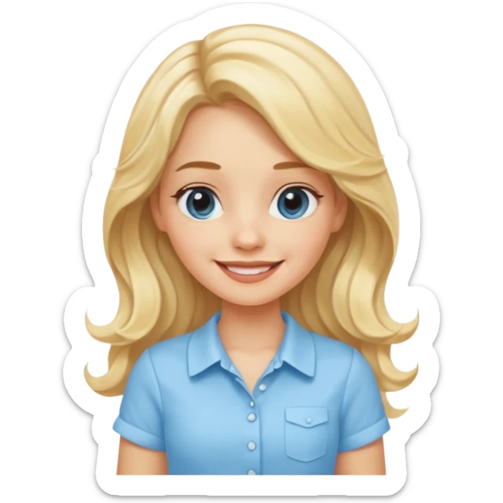 smiling blonde woman with long wavy hair dressed in baby blue mini skirt and shirt sticker