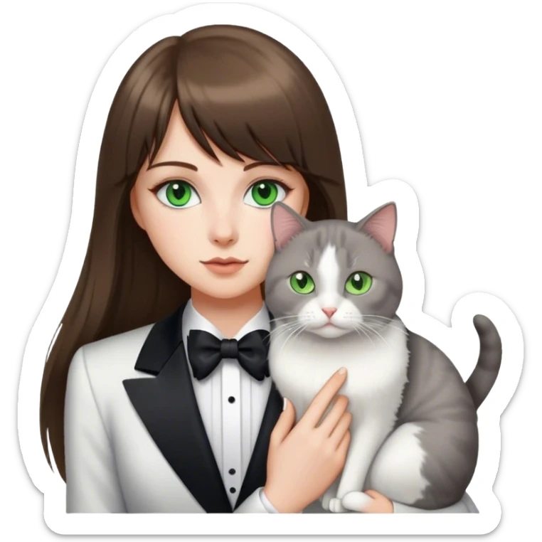 A white girl with long brunette hair, and bangs. She has green eyes and has a white and gray tuxedo cat sticker