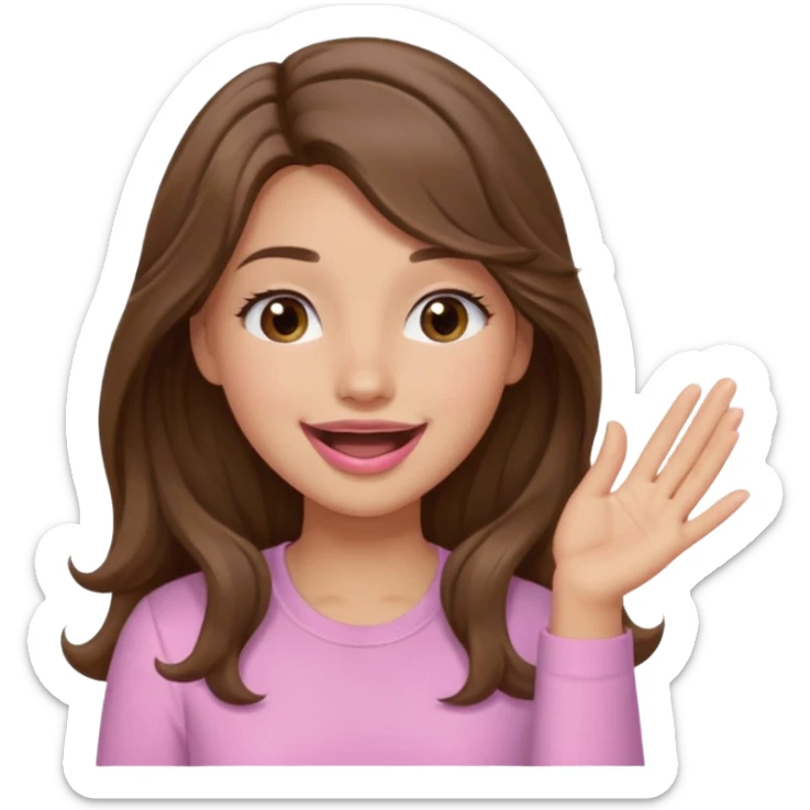 girl with wavy long brown hair, brown eyes, light to medium complexion, long lashes, light pink lipstick, wearing light pink shirt, sexy, gigling hand covering mouth sticker