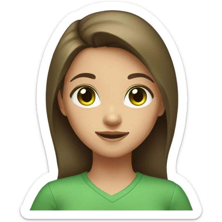 A girl with brown hair green eyes green shirt with green heart sticker