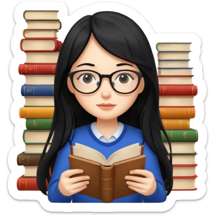 lecture girl with fringe long black color hair with lots of books sticker