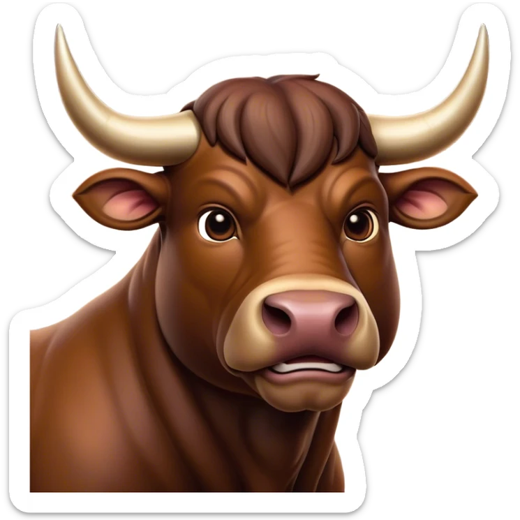 Cinematic Noble Brown Bull Portrait Emoji, Poised and regal, with a massive, muscular build and a sleek, well-groomed rich brown hide, deep-set soulful dark eyes, Simplified yet sharp and sophisticated features, highly detailed, glowing with a soft, dignified glow, high shine, intelligent and formidable, stylized with an air of strength, focused and attentive, soft glowing outline, capturing the essence of a watchful and confident guardian, so majestic it feels as though it could charge out of the screen with effortless authority! sticker