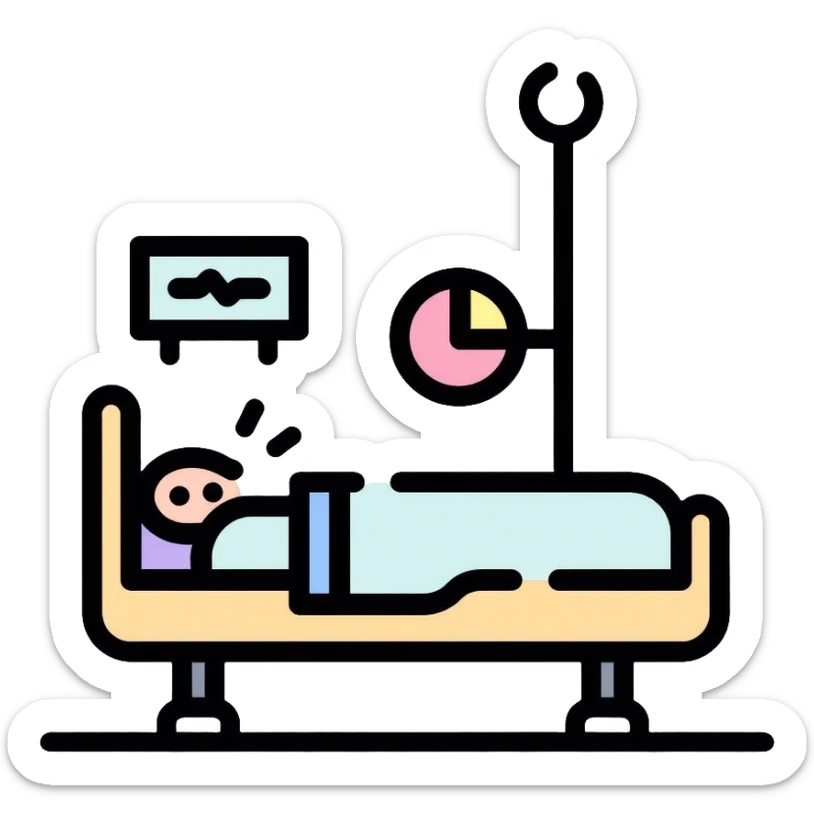 Sleep laboratory icon with bed, brain wave monitor, and sleep measurement equipment sticker
