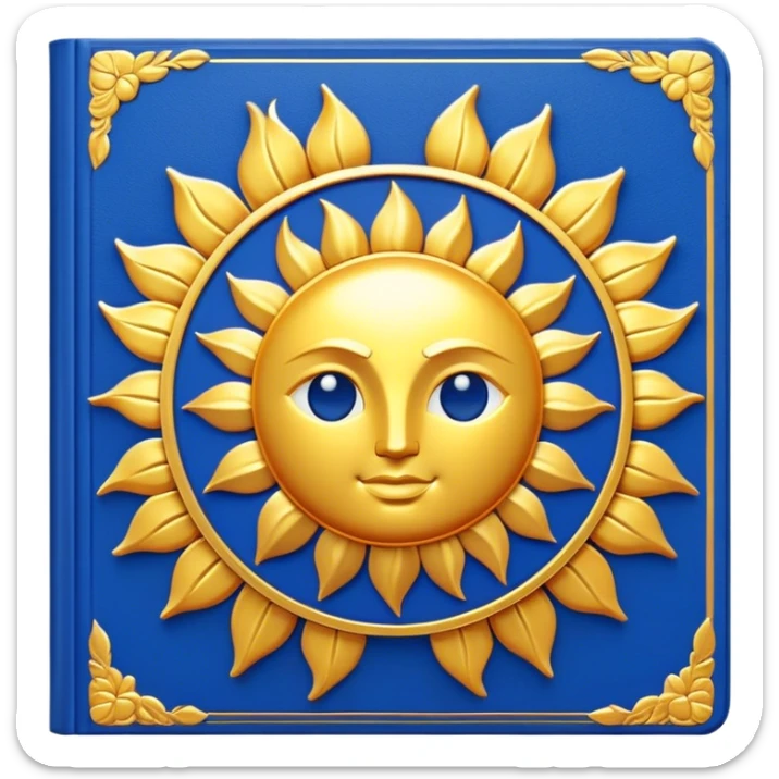 A golden yellow book with royal blue accents, smooth and polished, embossed with a symbol of six pillars, a sun, or a glowing mirror, radiating strength, confidence, and the power of self-worth.  sticker