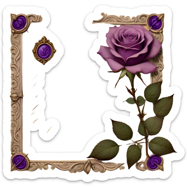 An antique handwritten letter on aged parchment, delicately adorned with dried light mauve roses, their petals slightly curled with time, resting beside it. A deep tyrian purple wax seal, intricately stamped with an ornate crest, secures the letter, evoking a vintage aesthetic of romance and mystery. The soft glow of candlelight casts gentle shadows, enhancing the nostalgic charm of the scene. sticker