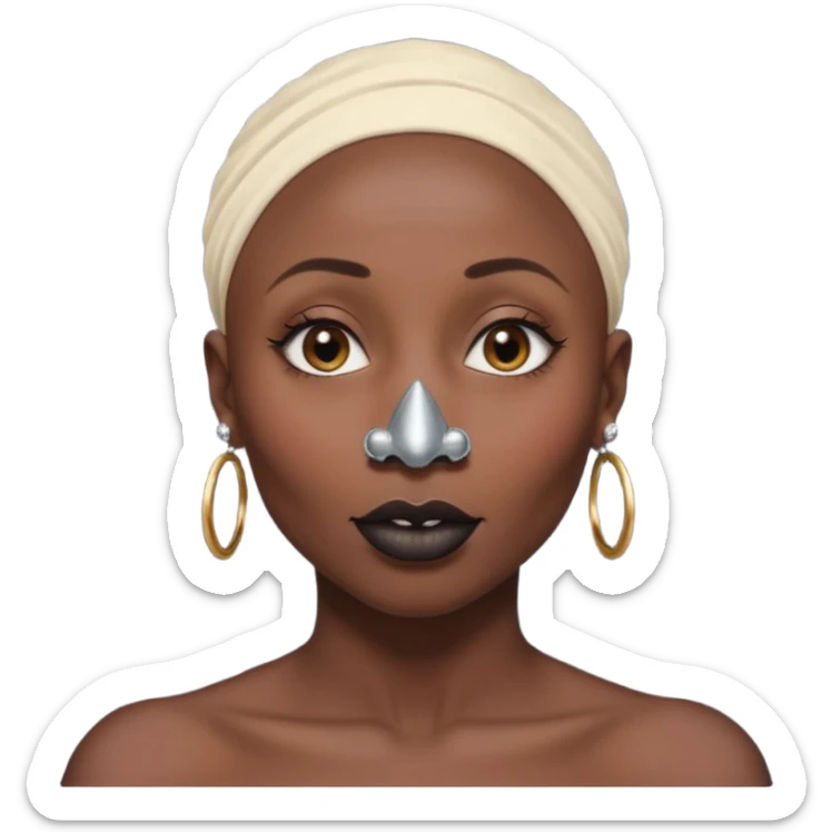 Grown black (proud) woman, bald with a perfect head, a prominent nose with a septum piercing, many piercings on her ears, a gap between her front teeth and very long nails (cynthia erivo) sticker