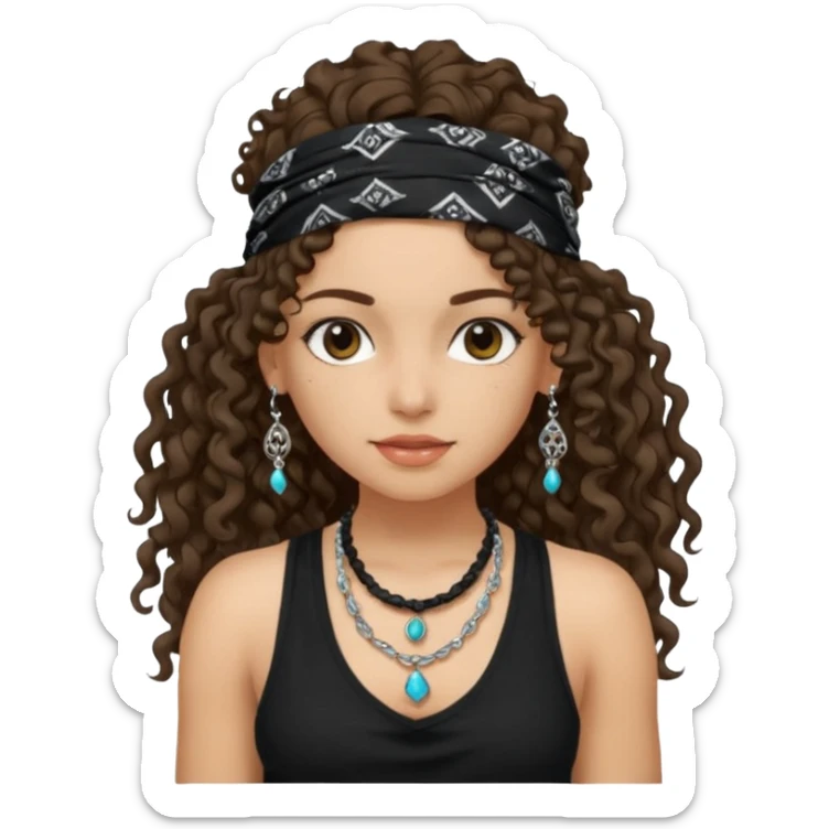 Baddie girl with black  tank top long  curly hairss and bandana and jwellery face only not body sticker