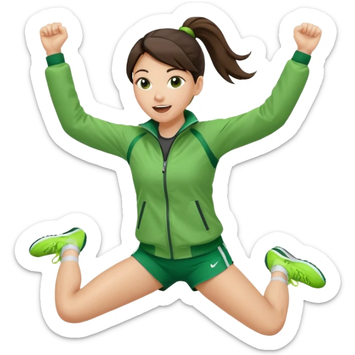 A brunette pony tail hair girl in a sporty green jacket, jumping slightly while cheering loudly. sticker