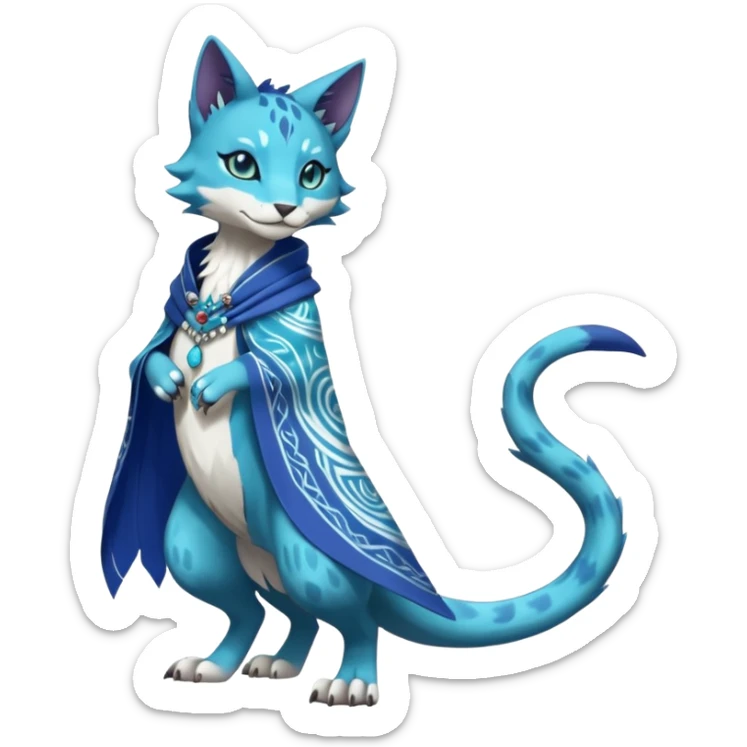 Kawaii cute Indigo Turquoise Grey beautiful pretty elegant divine edgy feline-vernid-sergal-Fakémon-Pokémon-Digimon-fursona-animal-creature, full body, with intricate detailed markings, silken shawl, decorative anklets sticker