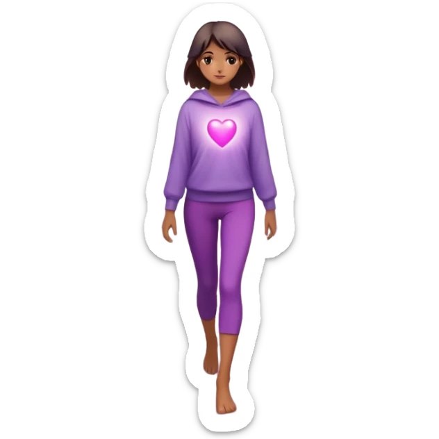 A small figure walks back across a foggy bridge, holding soft pink and purple orbs in each hand—symbolizing compassion and forgiveness. A gentle heart aura trails behind them, showing healing in motion. sticker
