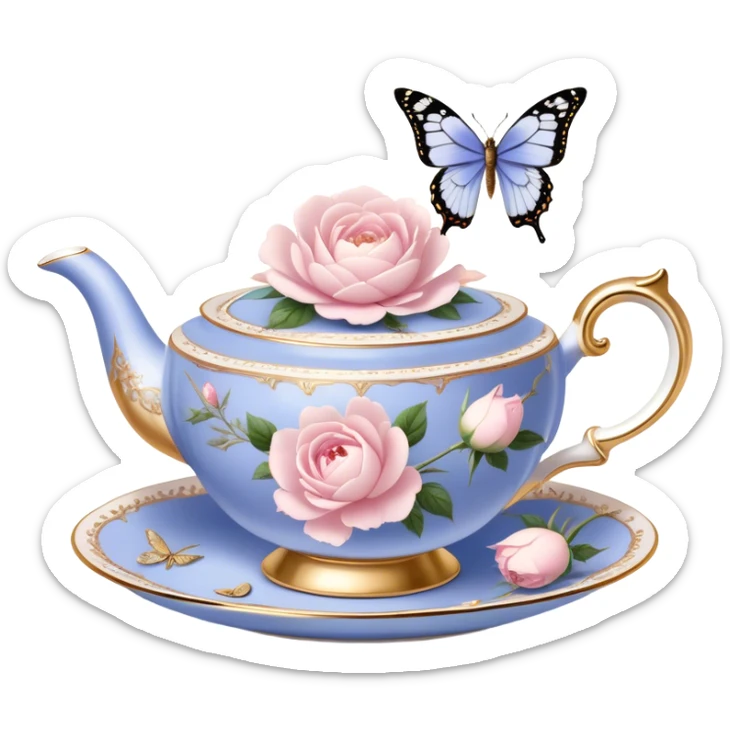 A luxurious Victorian tea set with gold accents, featuring a porcelain teacup filled with herbal tea, surrounded by scattered blush pink rose petals and white peony blossoms, with a periwinkle-tinted pearl butterfly perched on the rim. sticker