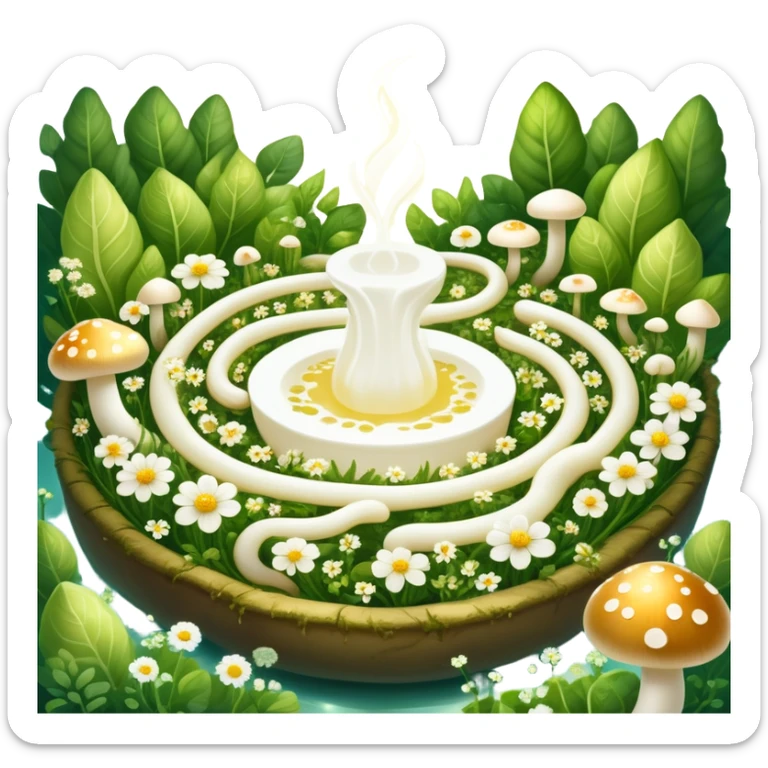 Glowing garden of probiotic foods: yogurt as white flowers, kefir as luminous mushrooms, and fermented vegetables as magical plants. Beneficial bacteria appear as tiny golden lights floating through the garden. The intestine forms a spiraling path surrounded by this magical ecosystem. sticker