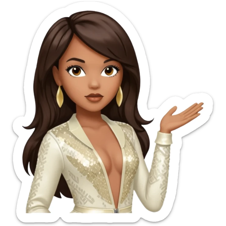 LeToya Luckett from Destiny's Child with long dark brown hair, ivory sequin outfit sticker