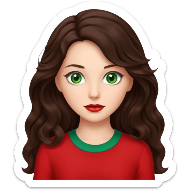 Leslie Bryant from Summer of Fear with long dark brown wavy hair, green eyes, red outfit sticker
