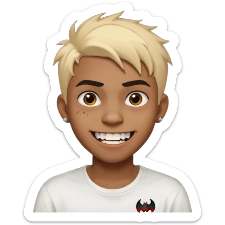 Black Male Teenager with Short punk messy blonde hair, Dark brown bushy eyebrows large expressive golden-brown eyes, wearing a plain white t-shirt, Dark Brown skin color. vampire tooth sticker