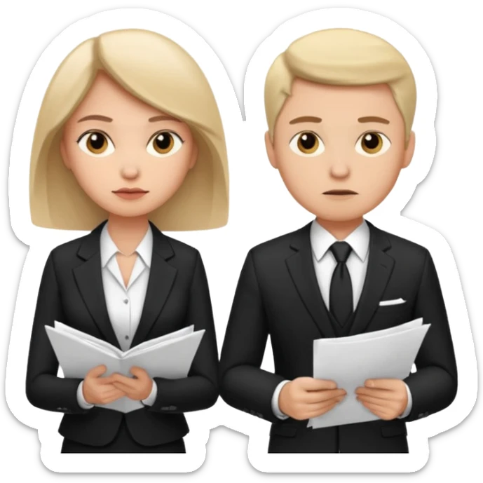 man in formal suit talking to woman in formal suit, they sit, papers in hands sticker