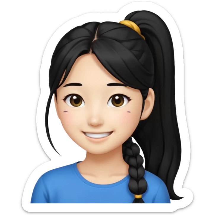 beautiful Korean girl with black hair in a ponytail, long hair, black eyes, emoji style sticker