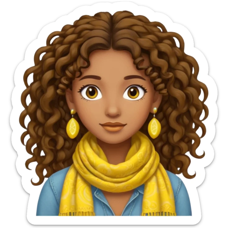 boho girl, brown skin, long curly brown hair up, lemon yellow scarf, round earrings sticker