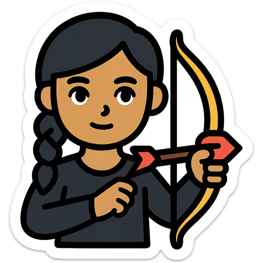 girl with olive skin, gray eyes, black hair in a side braid, wearing a black outfit, holding a bow and arrow sticker