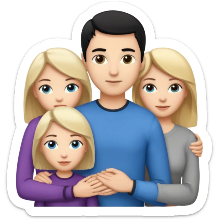 3 people. Throuple. Blank woman with blond hair and blue eye color on left. And also a blank man with black hair and grey eye color in the middle. And a blank woman with brown hair and grey eye color on the right. Holding each other  sticker