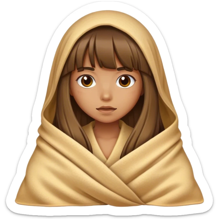 Tan Girl with long hair and bangs wrapped in blanket colored like a tortilla sticker