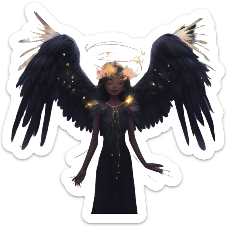 Black Raven wings bohemian girl Ethereal galaxy constellation girl angel raven wings black wings, gold arrow, nebula, flower crown, fairy lights, iridescent sticker