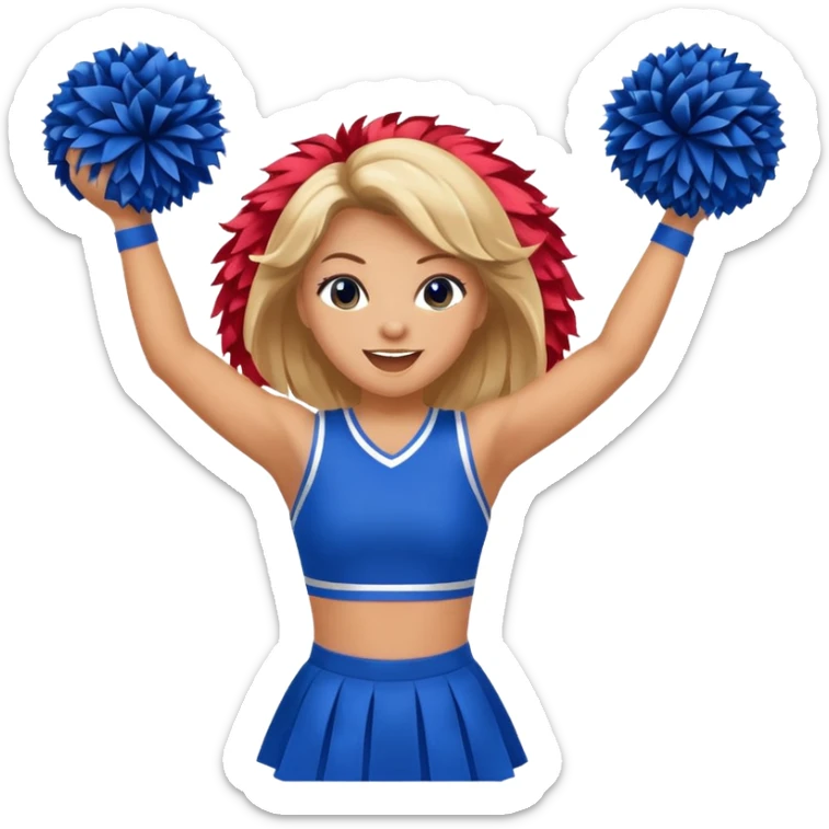 football cheerleader, holding big cheering pom, blue dress and red skin sticker