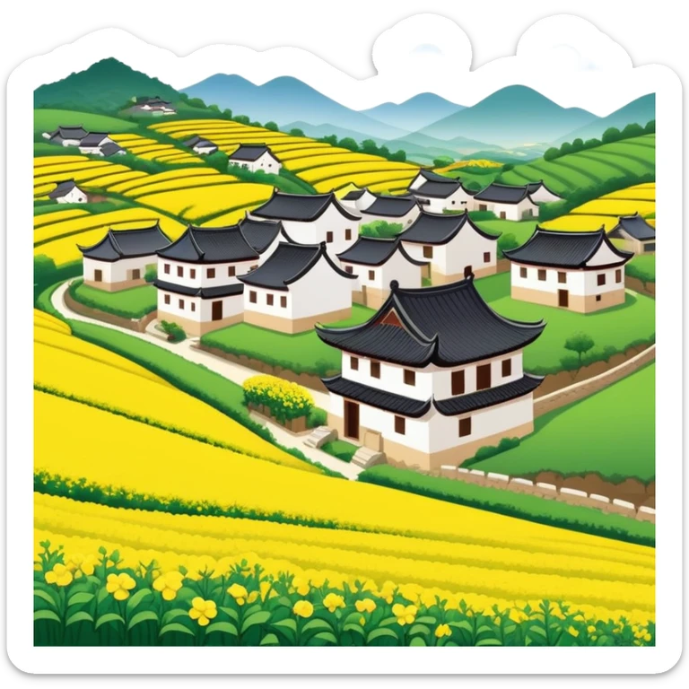 Wuyuan countryside spring flowers and traditional houses Jiangxi, simplified emoji style with bold outlines , emoji cartoon style rural village with yellow rapeseed flowers sticker