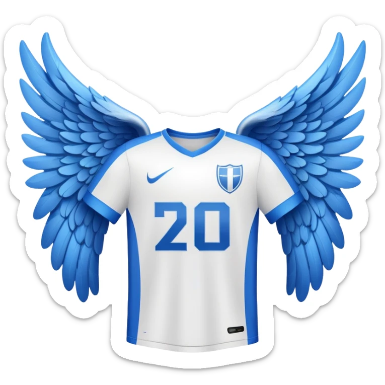 White and blue football shirt with angel wings symbol sticker