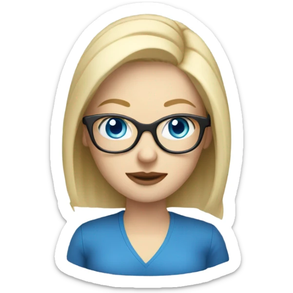 blonde pale white woman with blue eyes and glasses working on laptop sticker