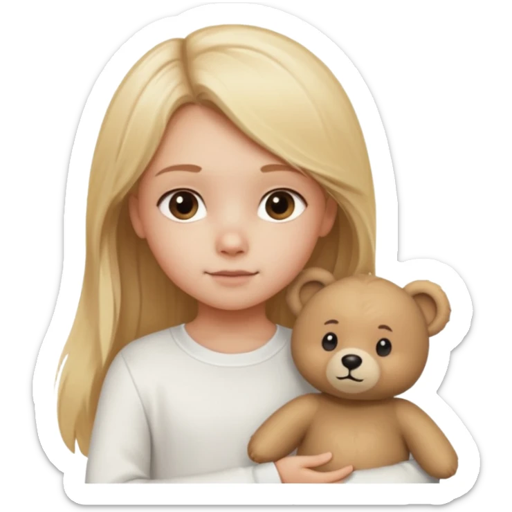 Blonde little girl, long hair, white long sleeve, with beige bear sticker