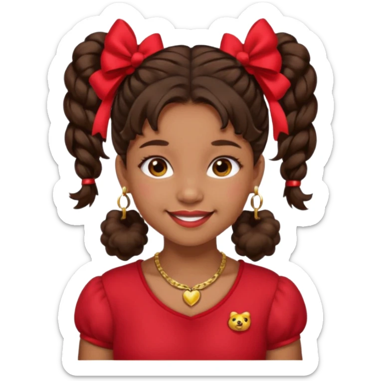 Brownskin girl dark brown hair fluffy. pigtails with red bows brown eyes smiling closed mouth red shirt gold esrrings gold necklace sticker