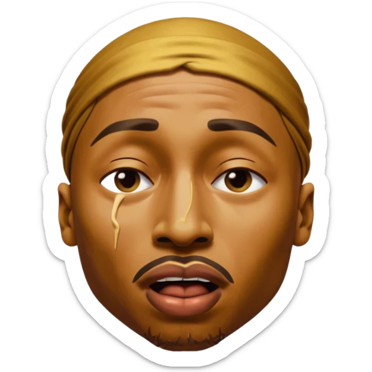 tupac but he's made of gold but he's also in an unbearable amount of pain, he has a really pained expression, his mouth is wide opened and his eyes are closed sticker