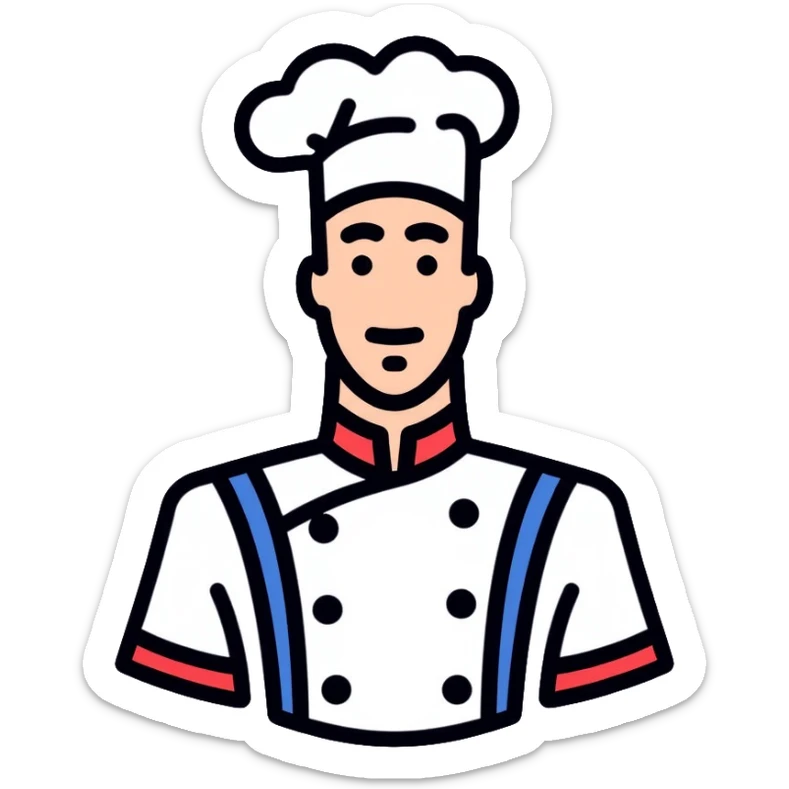 a pastry chef wearing the official uniform of Meilleurs Ouvriers de France (MOF) with a distinctive blue, white, and red collar, white chef coat, chef's hat, and medal sticker