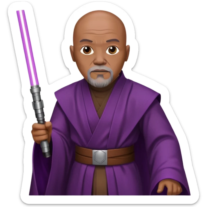 star wars master windu bald head, no facial hair, brown jedi outfit with purple lightsaber sticker
