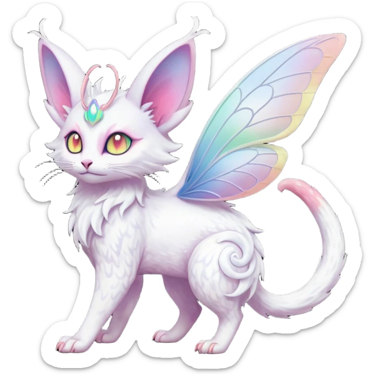 Pure-snow-White albino iridescent with pastel rainbow-gradients-color-markings with swirly patterns butterflies  faerie-Noivern-Noibat-Purloin-Torracat-Lykoi-Caracal-cat-Fakemon-fusion-hybrid-creature sticker