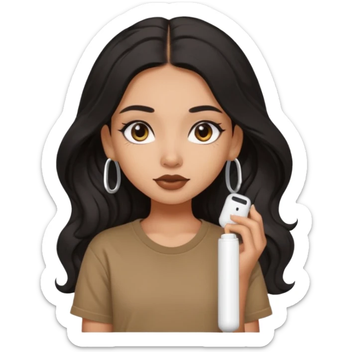 a pretty FAIR indian bratz girl with wavy long black hair, wearing an oversized brown tshirt,wearing airpods, eyeliner on sticker