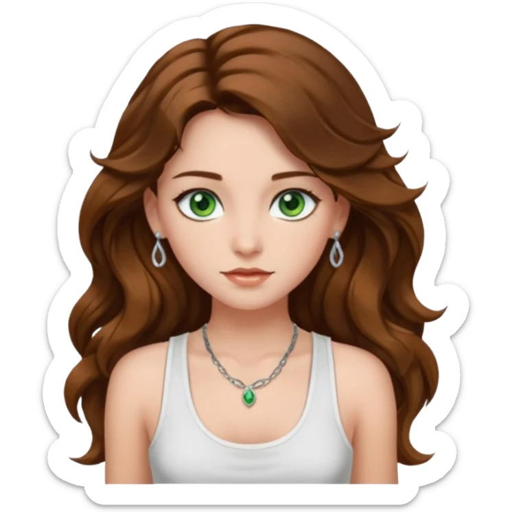 A girl with long brown wavy  hair, green eyes, and a white tank top; she doesn't have bangs. she wear a lot of silver jewerly  sticker