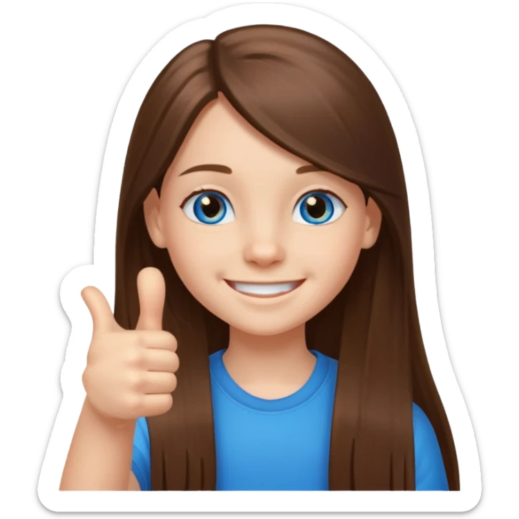 11 year old girl, blue eyes, brown long ish straight hair, smile and thumbs up sticker