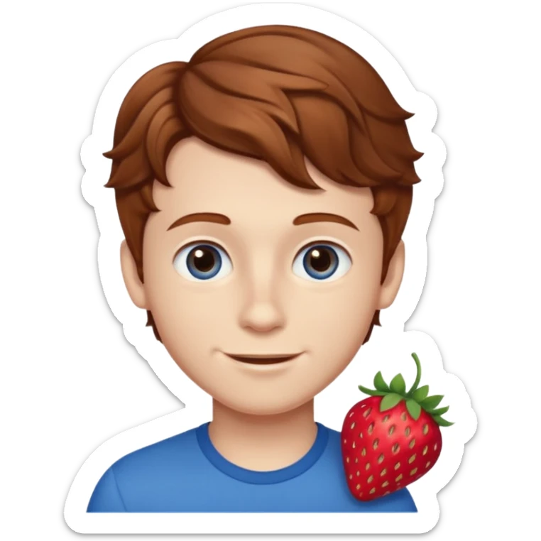 Please generate a portrait of a boy. He has wavy, light brown to reddish-brown hair, a right side parting, slightly longer sideburns, blue eyes, a snub nose, and a rather pronounced, strawberry-red pout. He is smiling. sticker