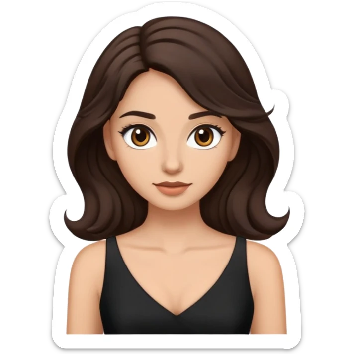 mujer ondulada cabello castaño oscuro ojos café medio pestañas y un vestido negro sticker
