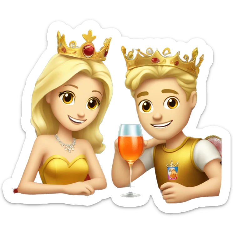beautiful blond princess with crown in a golden dress and a beautiful blond prince drinking aperol sticker