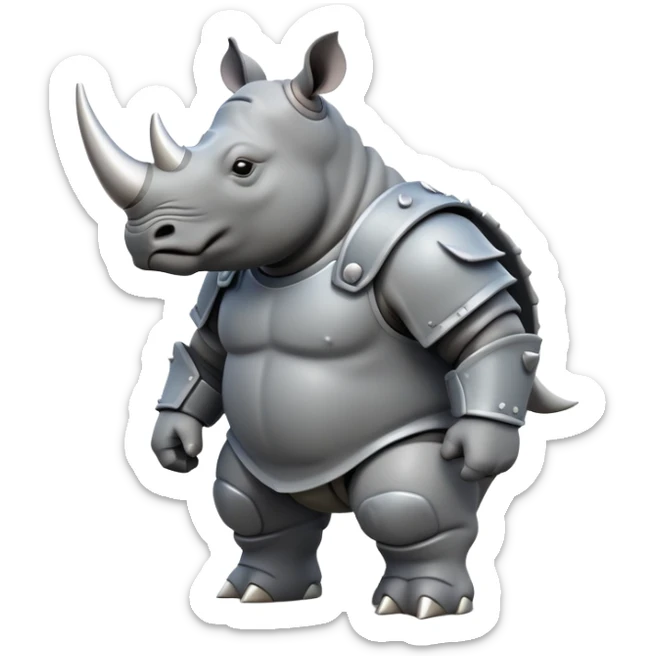 cinematic-rhino-full-body-standing-emoji,slate grey skin -massive-armored-body-poised-powerfully,-thick-horn-curving-slightly-forward,-head-tilted-dramatically,-rough-grey-hide-covered-in-dust,-simplified-focused-features sticker